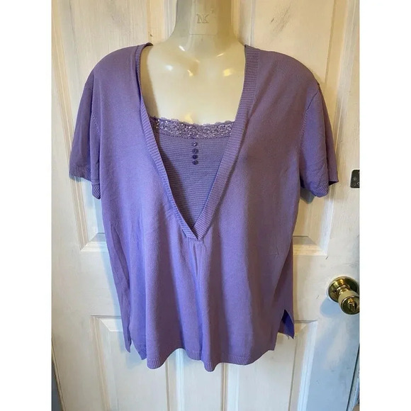 VTG Silk Blend Womens L Short Sleeve Shirt Knit Blouse V Neck Lace Rhinestone - Picture 7 of 9